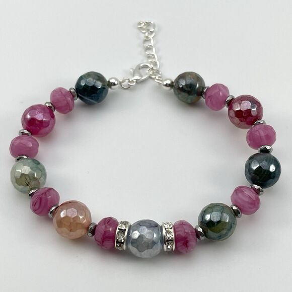 Rainbow Plated Quartz Agate Hematite Stone Beaded Bracelet Artisan Boho New - Picture 2 of 6